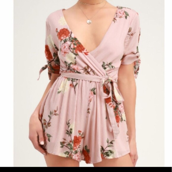 Lulu's Pink Floral Short Tie Sleeve Romper - Picture 1 of 5